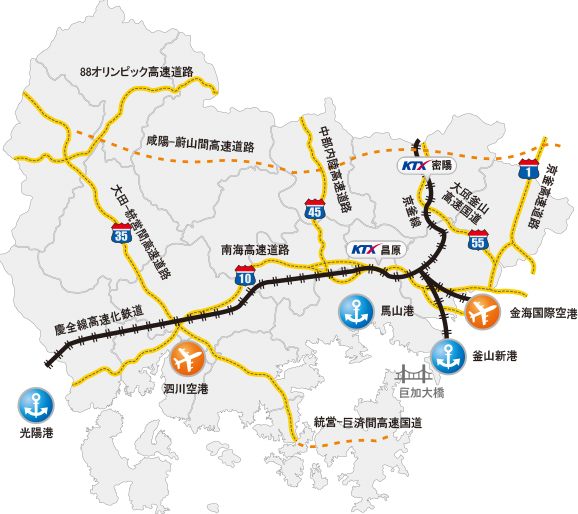 慶尚南道の交通網地図