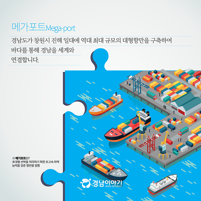 #2. 메가포트(Mega-port)
경남도가 창원시 진해 일대에 역대 최대 규모의 대형항만을 구축하여 
바다를 통해 경남을 세계와 연결합니다. 

